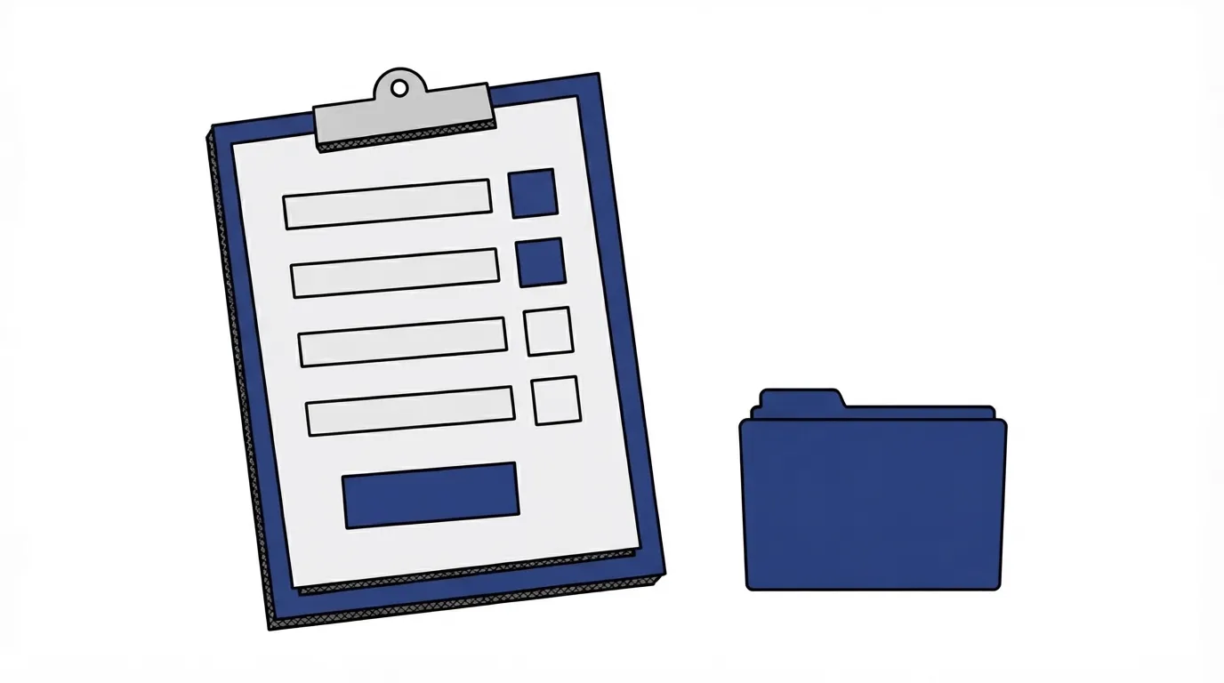 A clipboard with five checklist rows, three marked with solid squares and two still empty, beside a closed folder