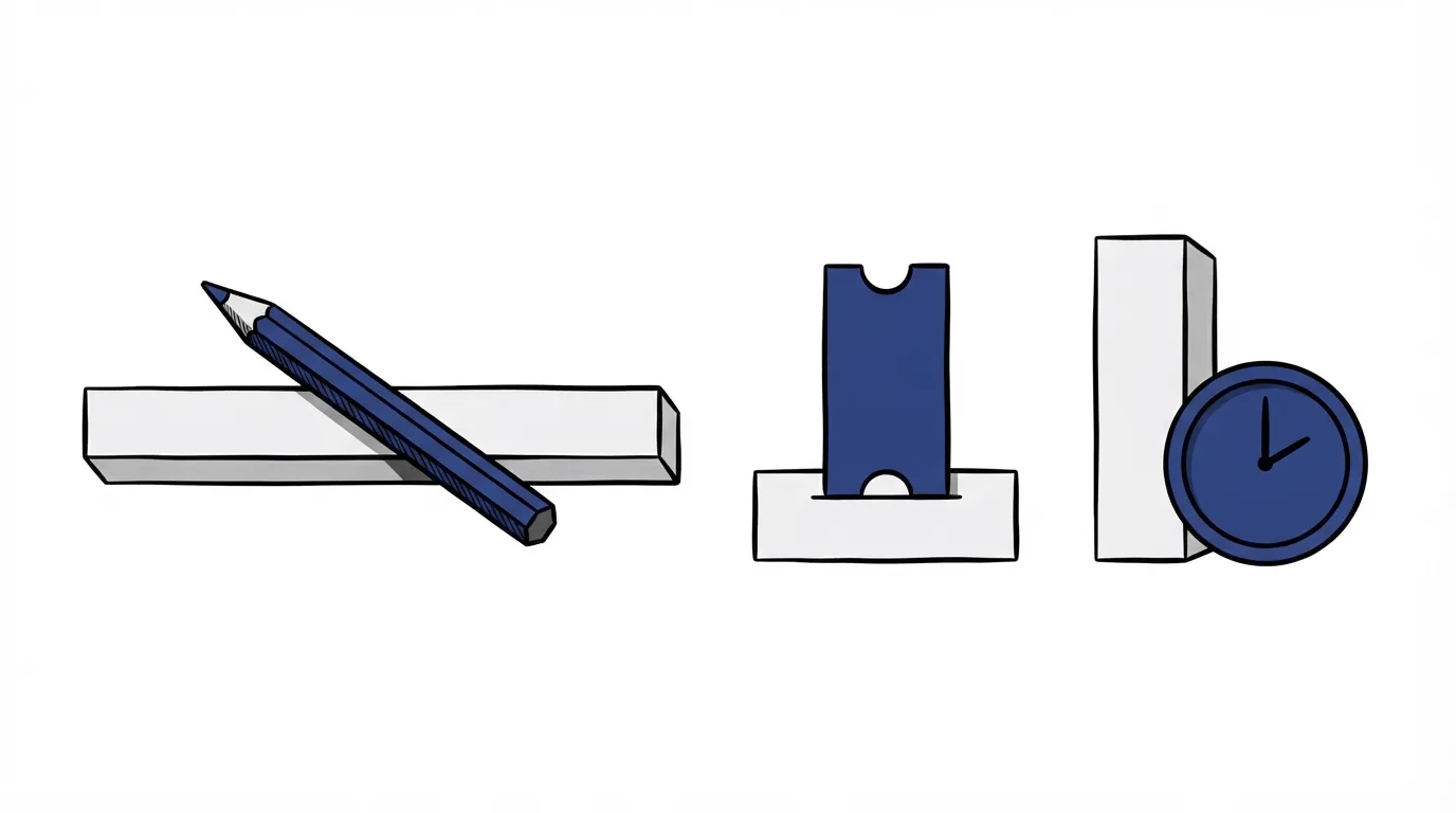 A pencil across a grey bar, a notched navy ticket on a shorter bar, and a navy clock beside a taller grey bar