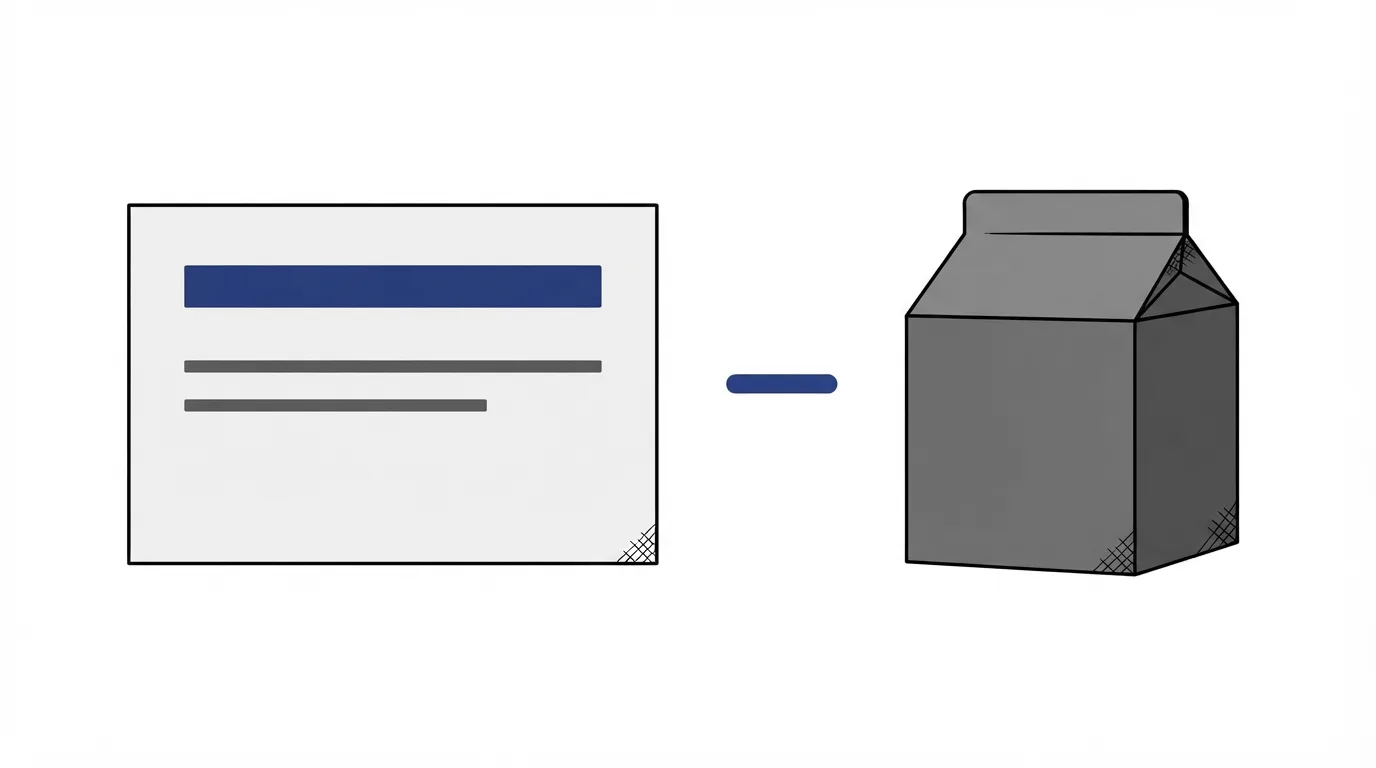 A wide statement rectangle with a navy bar near the top, separated by a gap from a plain grey product carton