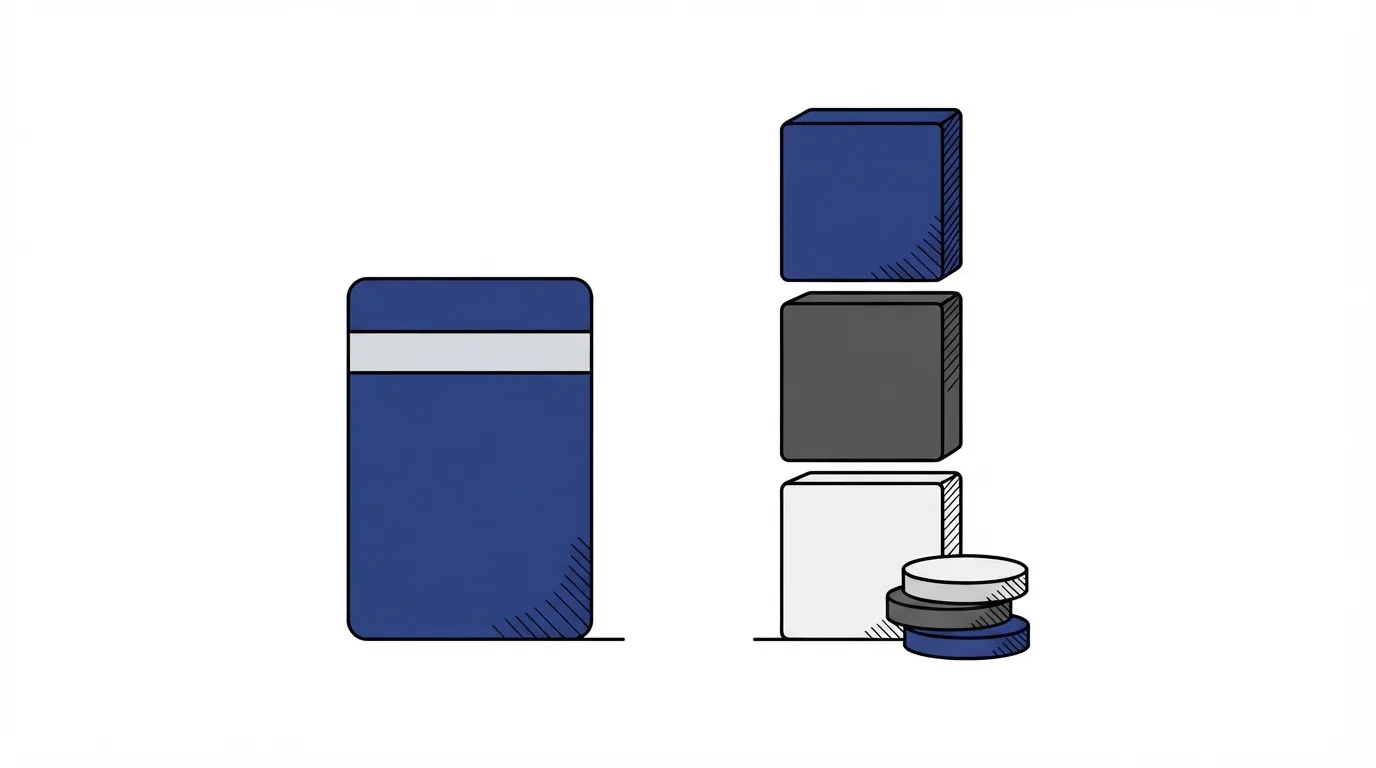 A navy payment card beside a three-block gauge, the top block tallest, with a small coin stack at the base