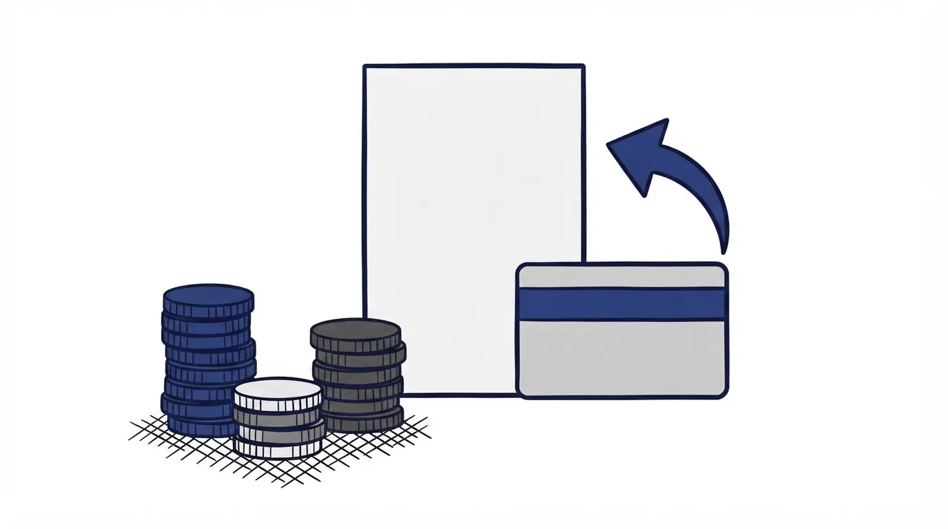 A tall blank receipt, a payment card with a blue stripe, a curved arrow pointing at the receipt, and two stacks of coins