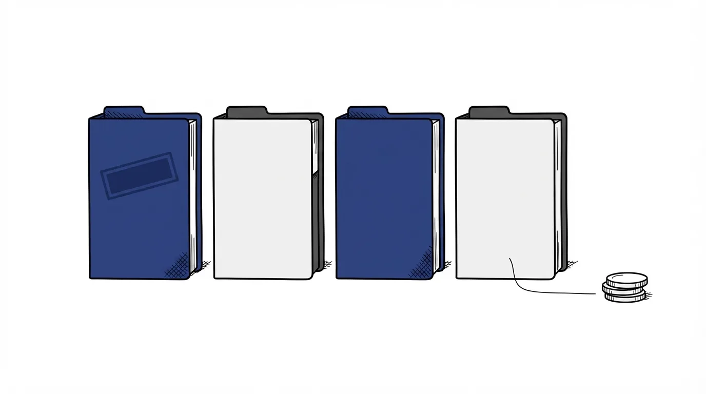 Four closed folders in a row, the first stamped with a navy rectangle, and a thin line running from the row to a small stack of coins