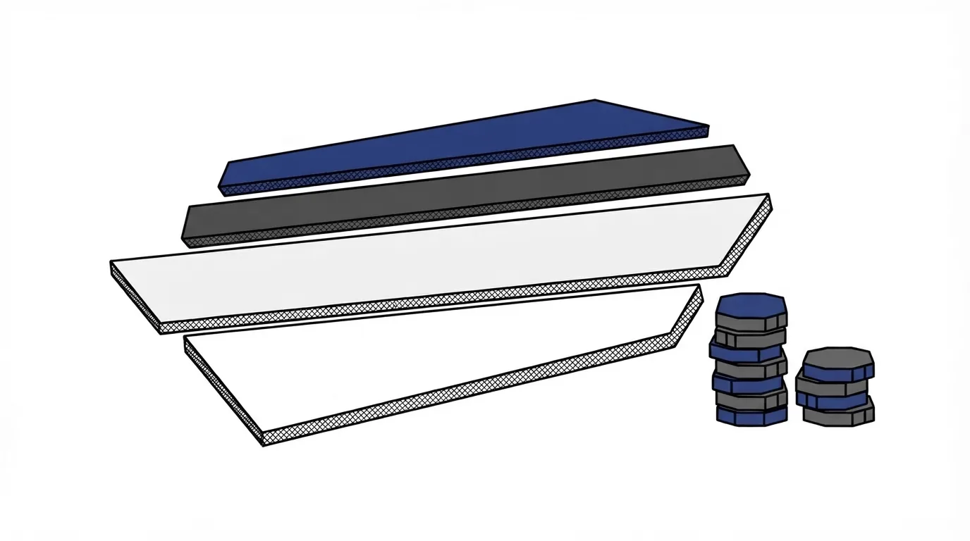 Four flat strips of different widths slid apart beside two stacks of coins, standing for one sale split between fee, affiliate and vendor