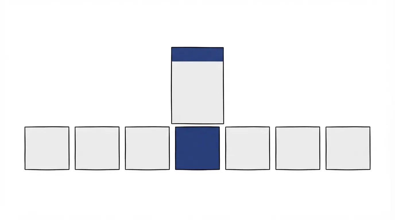 Seven square tiles in a row, the middle tile navy, with a page sheet standing against that tile