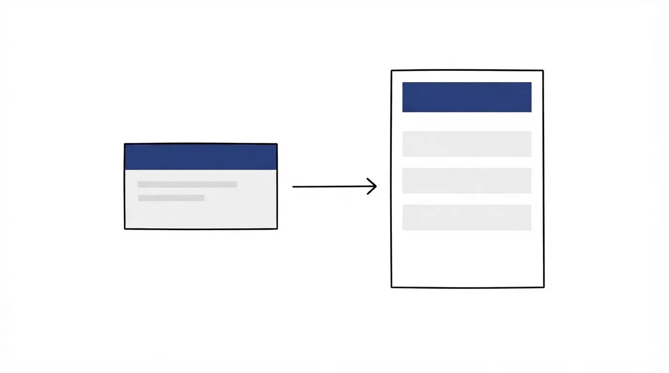 A small grey card with a navy bar, and a black arrow pointing to a taller page sheet with a navy header