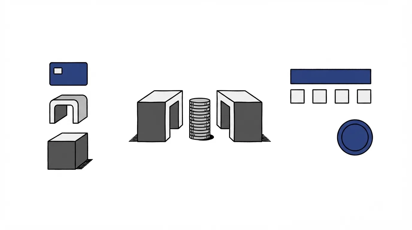 Three payment jobs as shapes: a tunnel between a card and a bank, two banks exchanging coins, and one wide bar over four small squares
