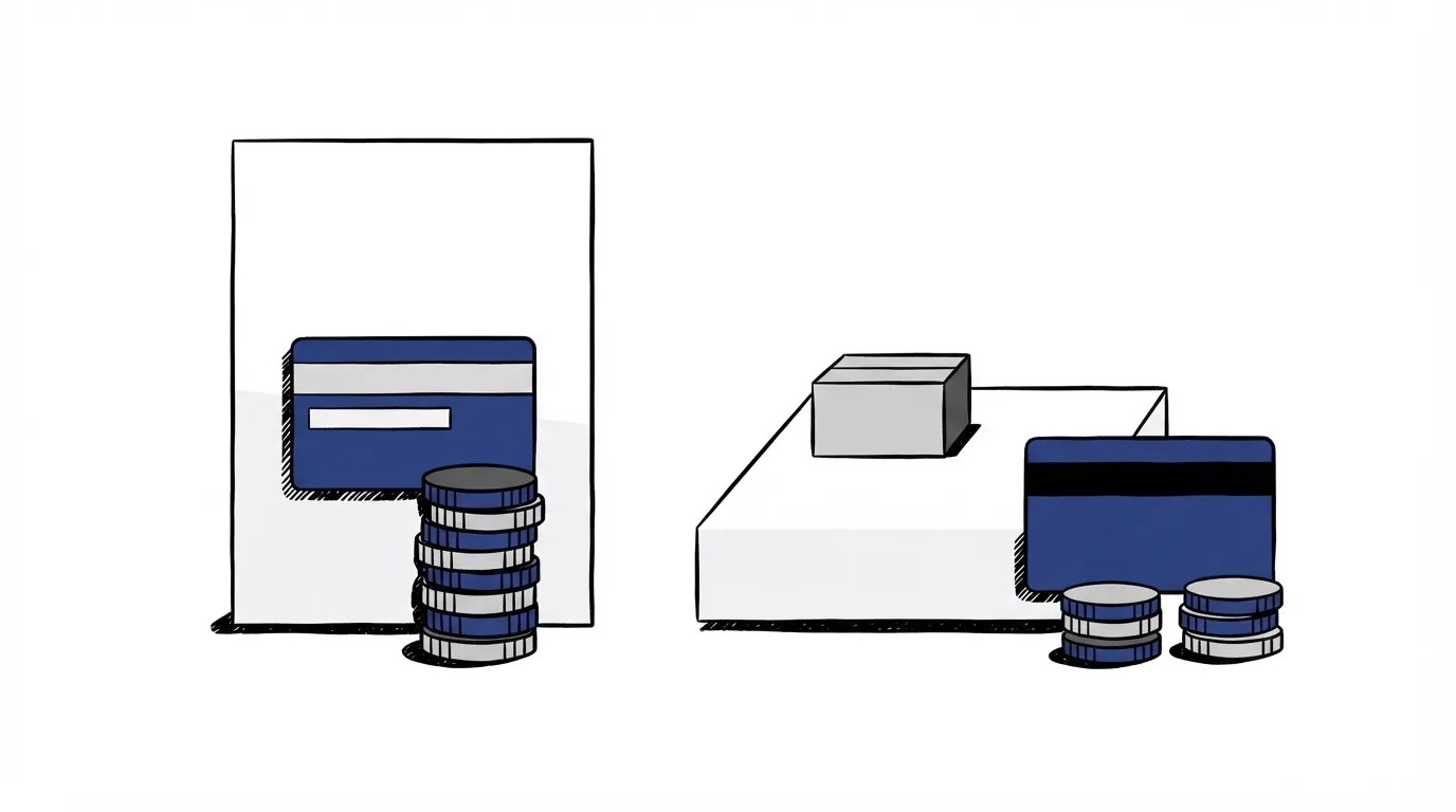 Two checkout paths drawn as flat shapes: a tall order form with a navy card on it and one coin stack, beside a shorter page with a separate navy card and two smaller coin stacks