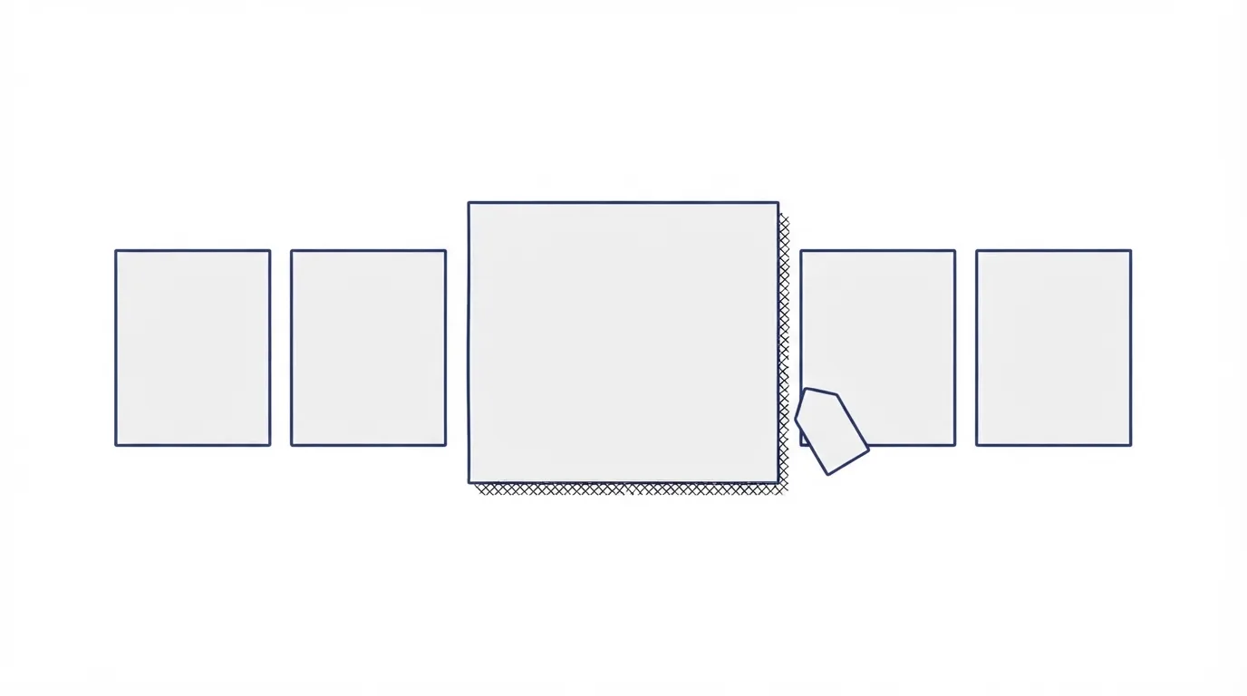 Five blank rectangular cards in a row, the middle card pulled forward, with a small tag shape beside it