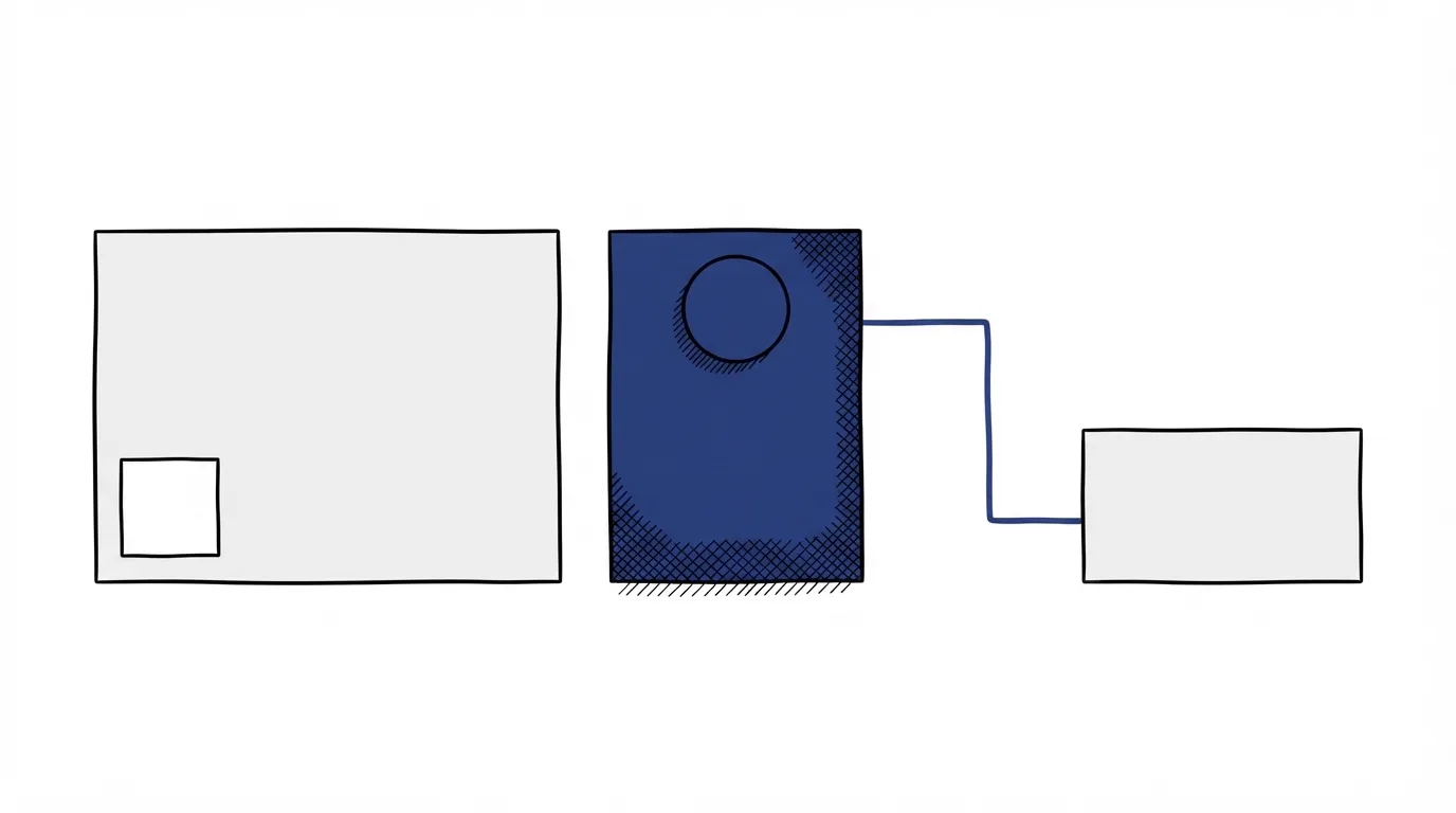 Three cards in a row: a form with a checkbox, a taller card with a filled circle, and a smaller card set lower and reached by a bent line