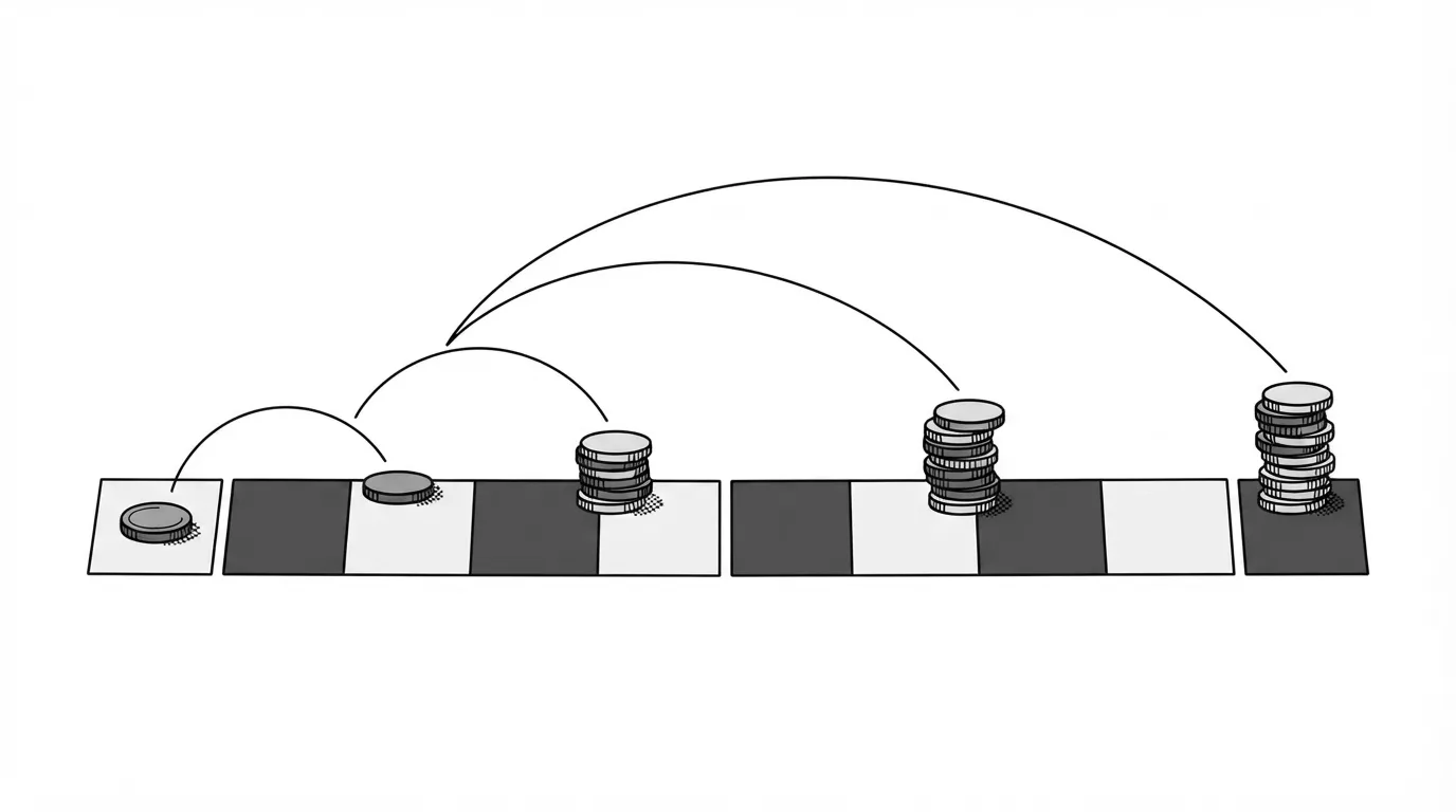 A row of calendar day tiles with a coin on the first tile and four arcs of different lengths landing on later tiles beside coin stacks, standing for money from one sale clearing on different dates