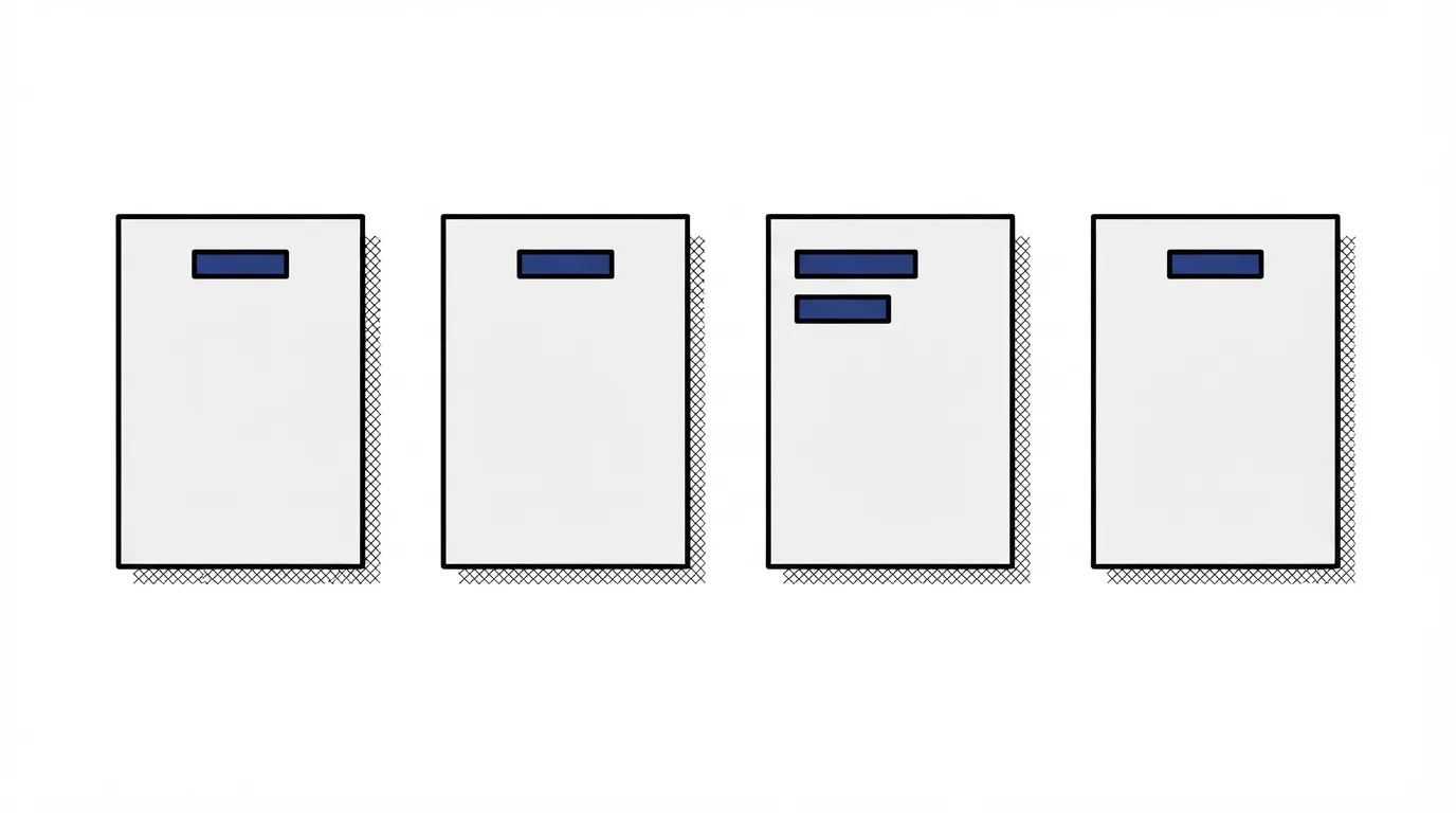 Four separate page rectangles in a row, each with a bar near the top, the third page with a second bar