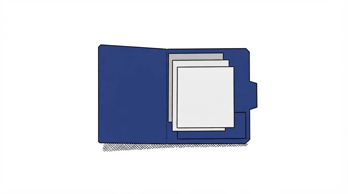 An open navy folder holding three grey page sheets, the top sheet offset to the right