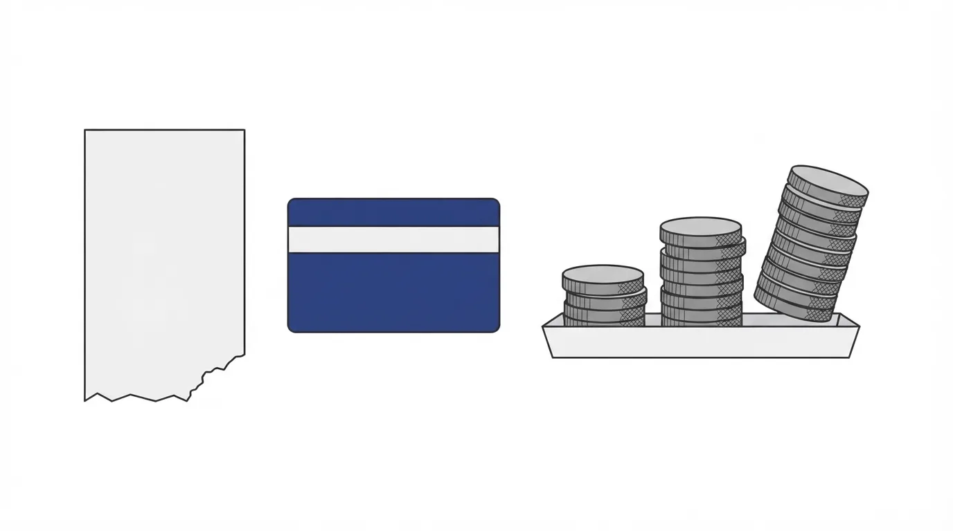 A torn blank receipt, a navy payment card, and three coin stacks sliding off a grey tray