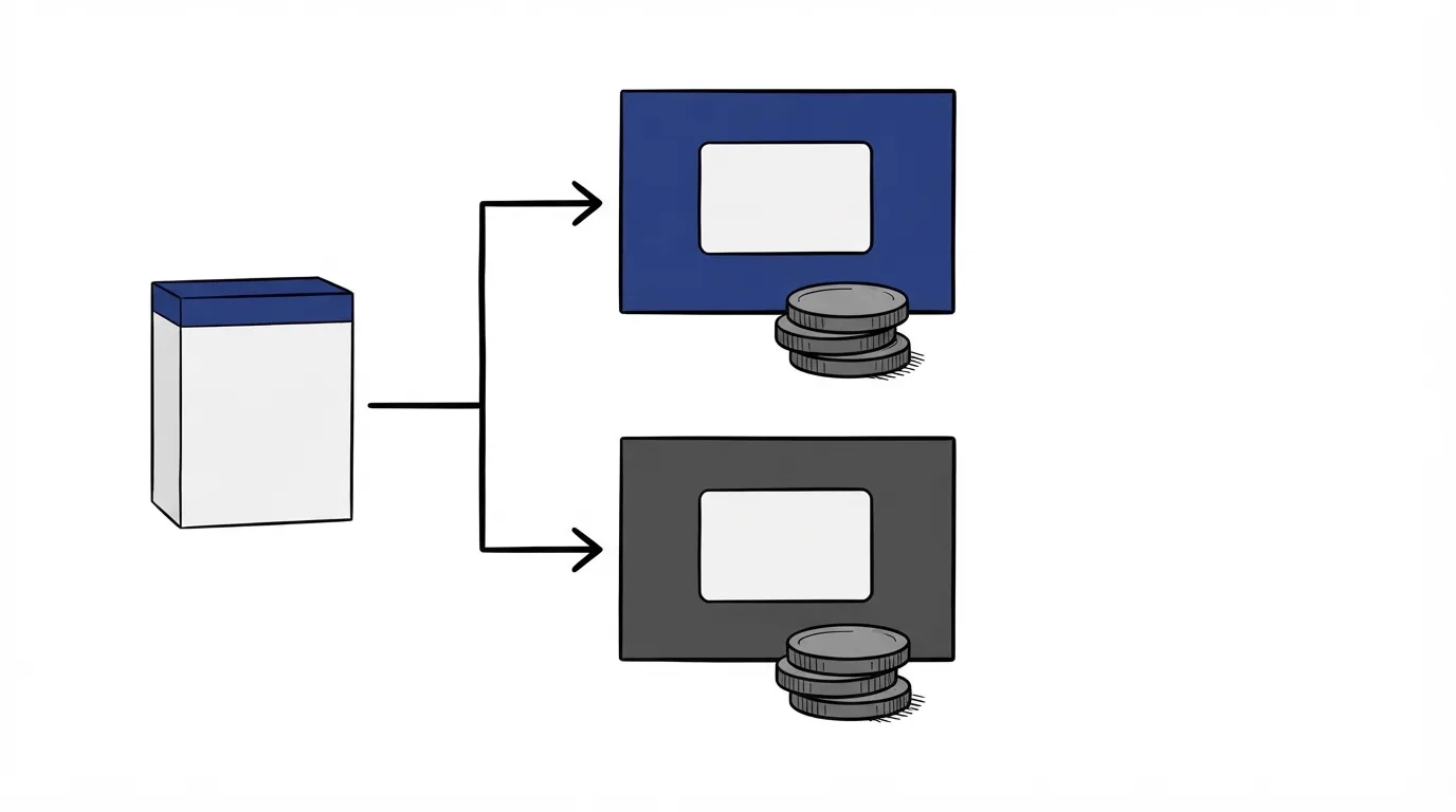 A small blue box with a black arrow rising to a larger blue screen, and a stack of coins at the screen's lower corner