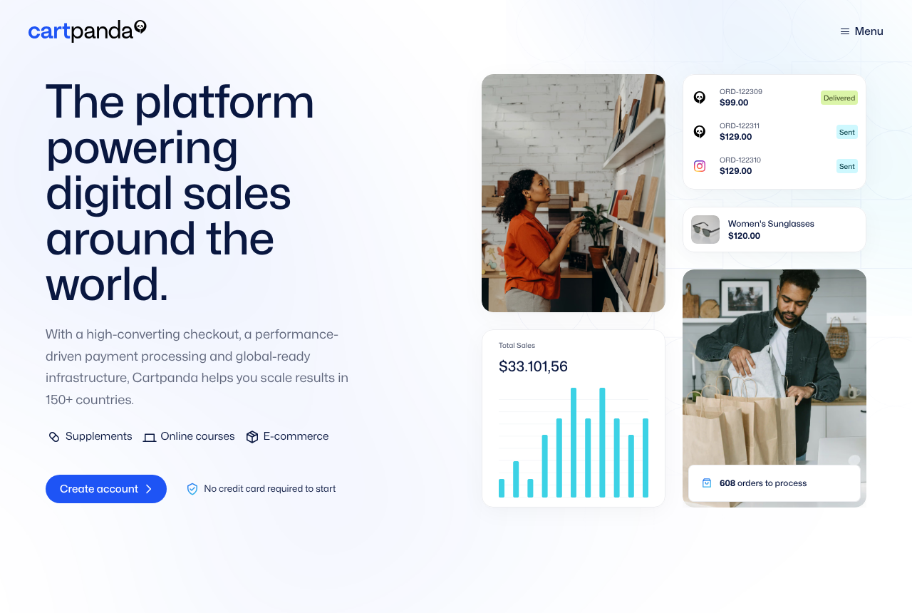 CartPanda homepage with the headline about digital sales around the world, a Create account button, a note that no credit card is required to start, and sample order cards beside a sales chart