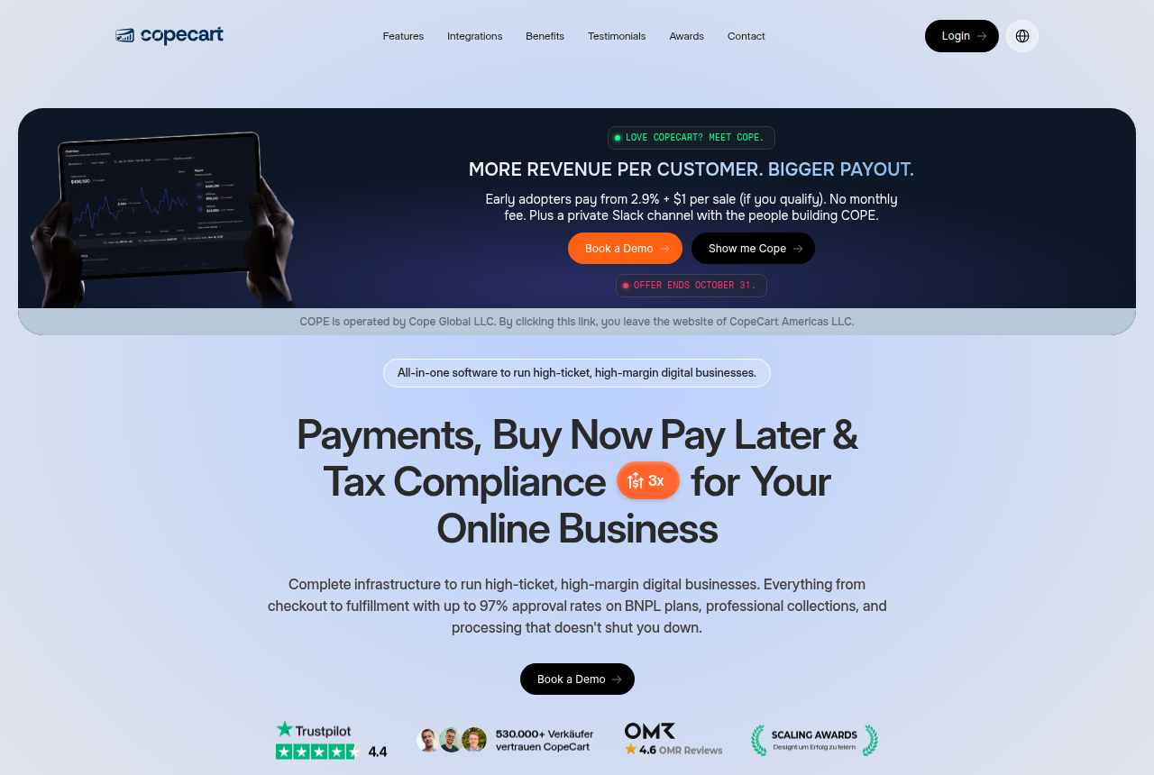 CopeCart's English homepage: headline 'Payments, Buy Now Pay Later & Tax Compliance for Your Online Business' under a banner offering early adopters 2.9% + $1 per sale if they qualify