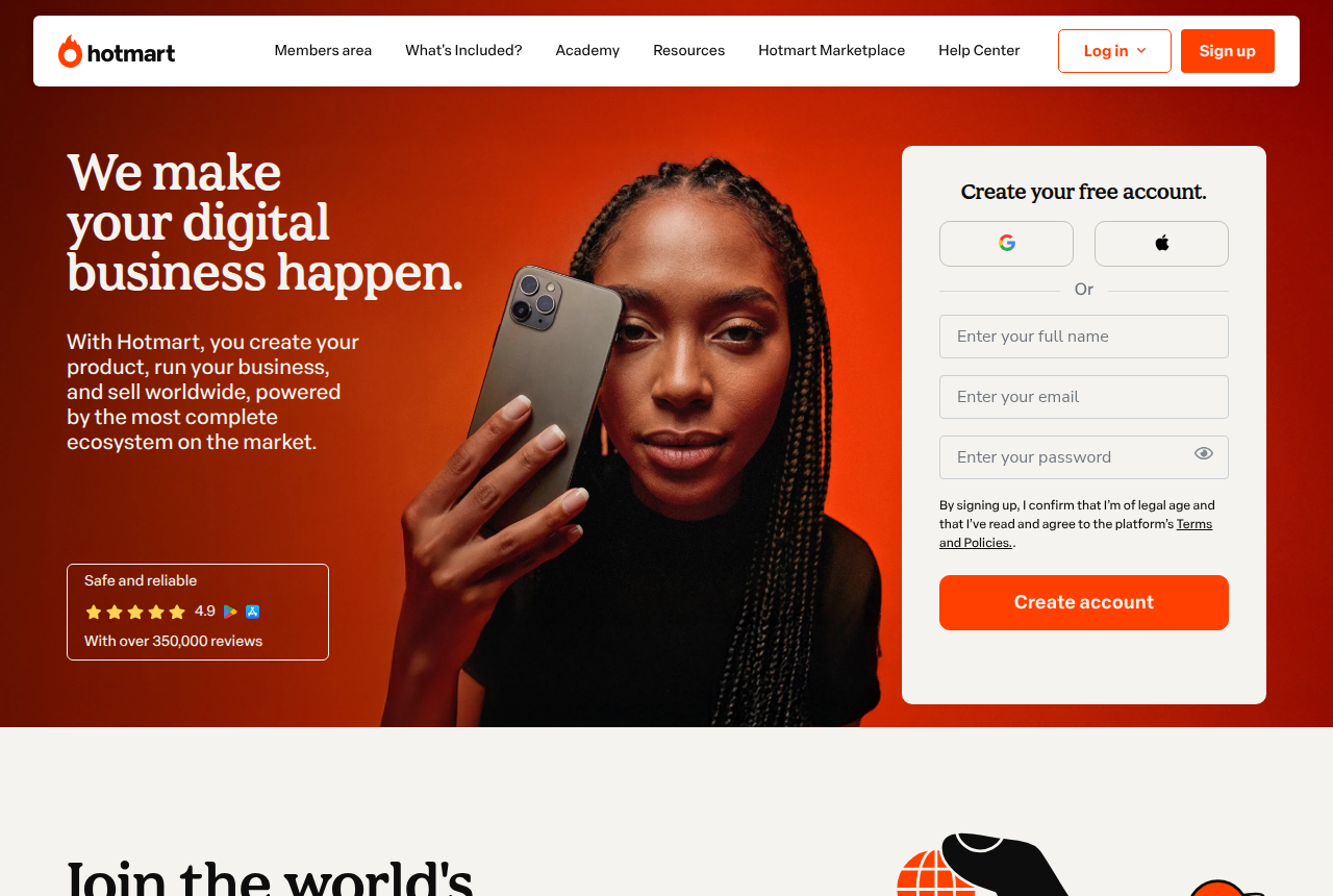 Hotmart homepage with the hotmart logo, a signup card titled Create your free account, and a woman holding a phone against an orange background under the headline We make your digital business happen.