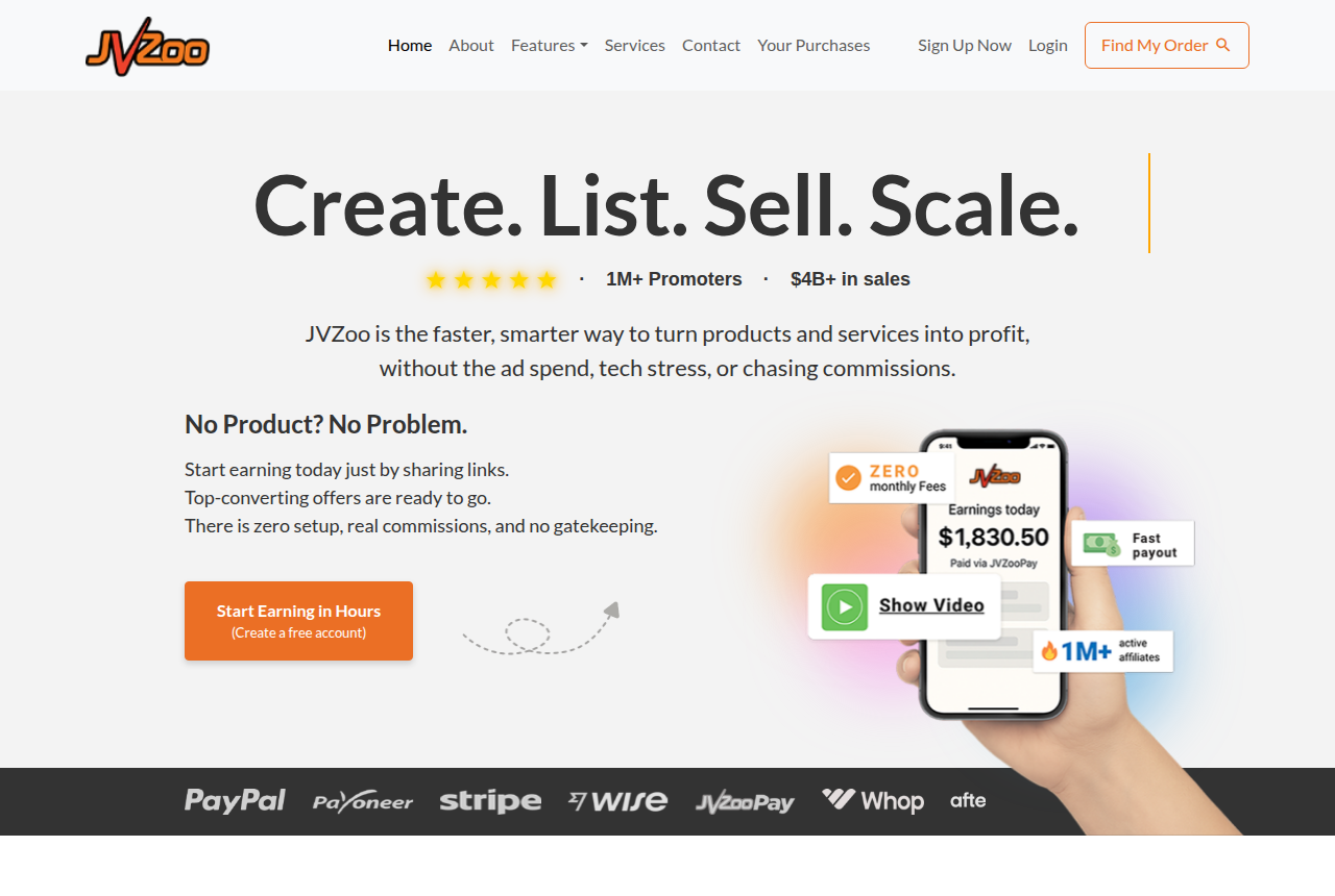 JVZoo homepage with the headline 'Create. List. Sell. Scale.' and a strip of payout partners including PayPal, Payoneer, Stripe and Wise