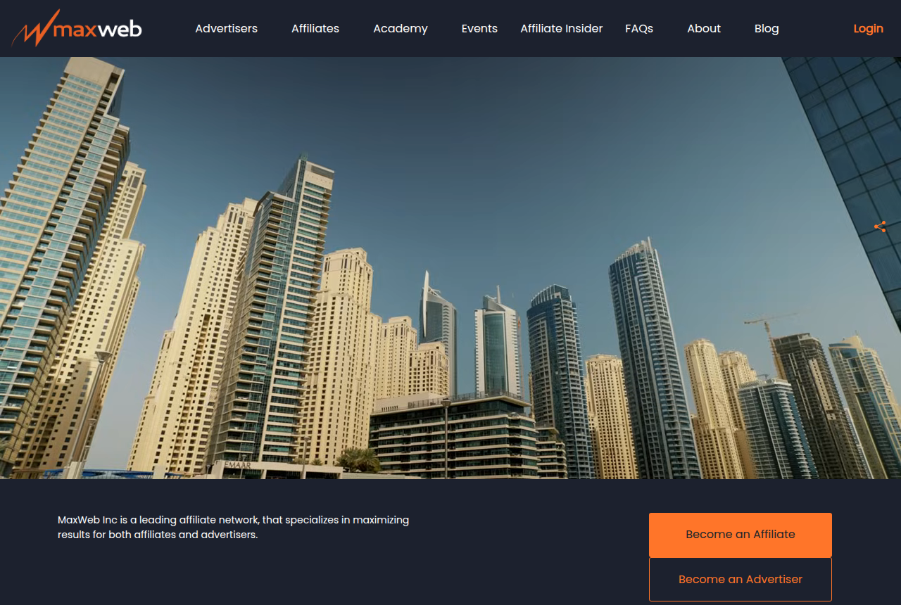 MaxWeb homepage with the logo in a dark header, a city skyline, and buttons labeled Become an Affiliate and Become an Advertiser