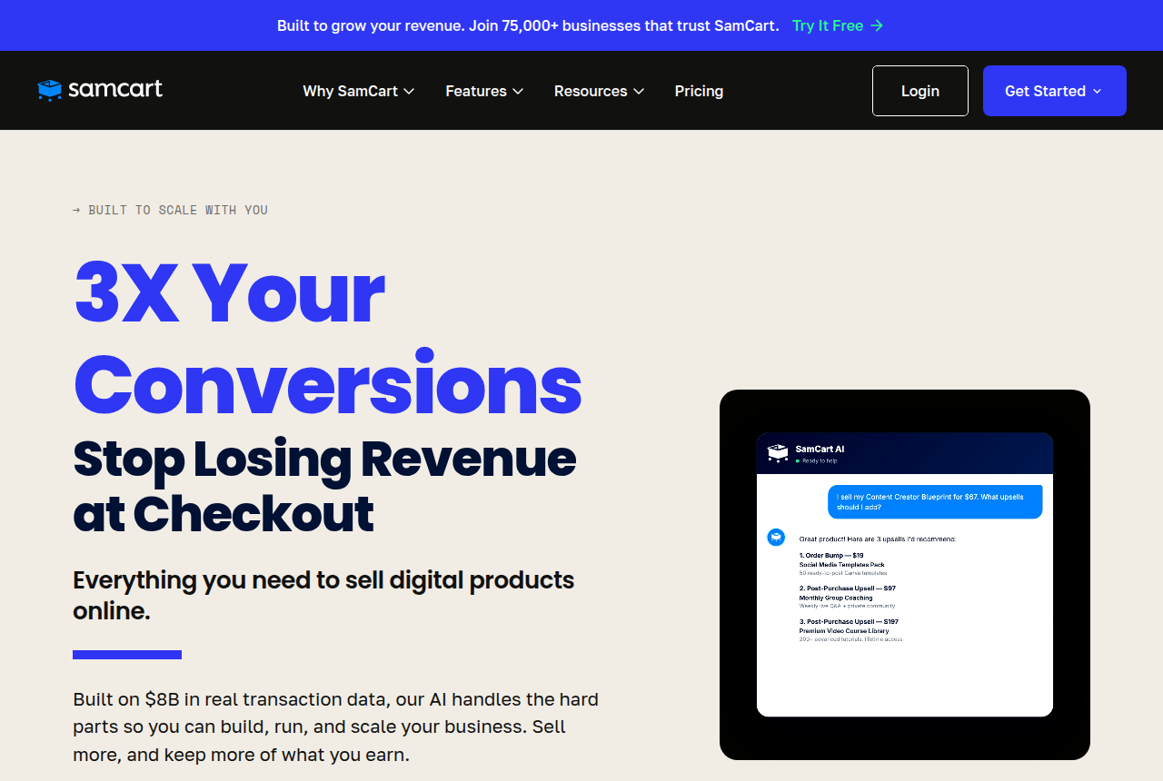 SamCart homepage with the samcart logo in a black header, Login and Get Started buttons, the headline 3X Your Conversions and Stop Losing Revenue at Checkout, and a tablet showing a SamCart AI chat next to an order bump suggestion