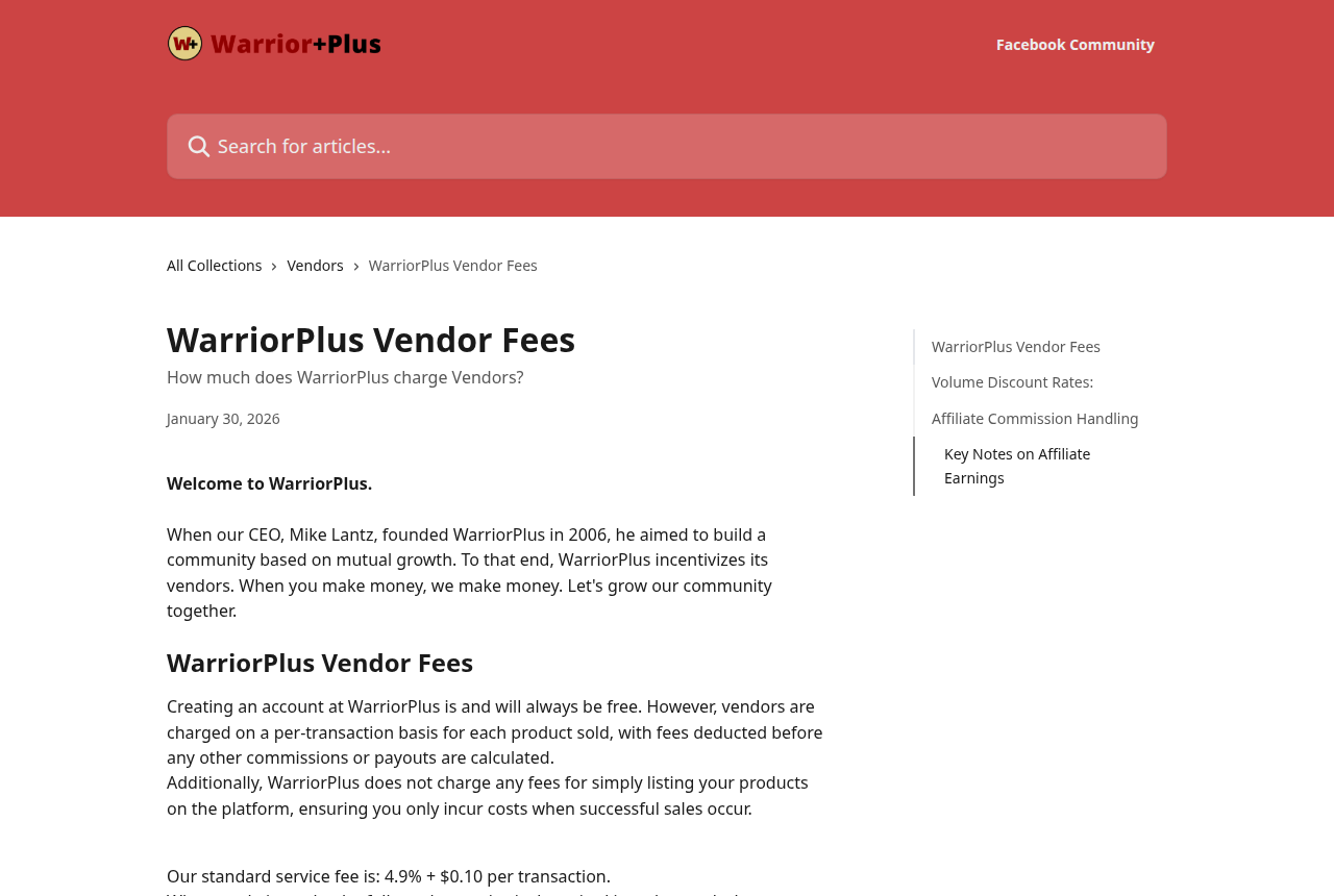 WarriorPlus help center article titled WarriorPlus Vendor Fees, under a red header with the WarriorPlus logo, dated January 30, 2026, with the standard service fee of 4.9% plus $0.10 visible